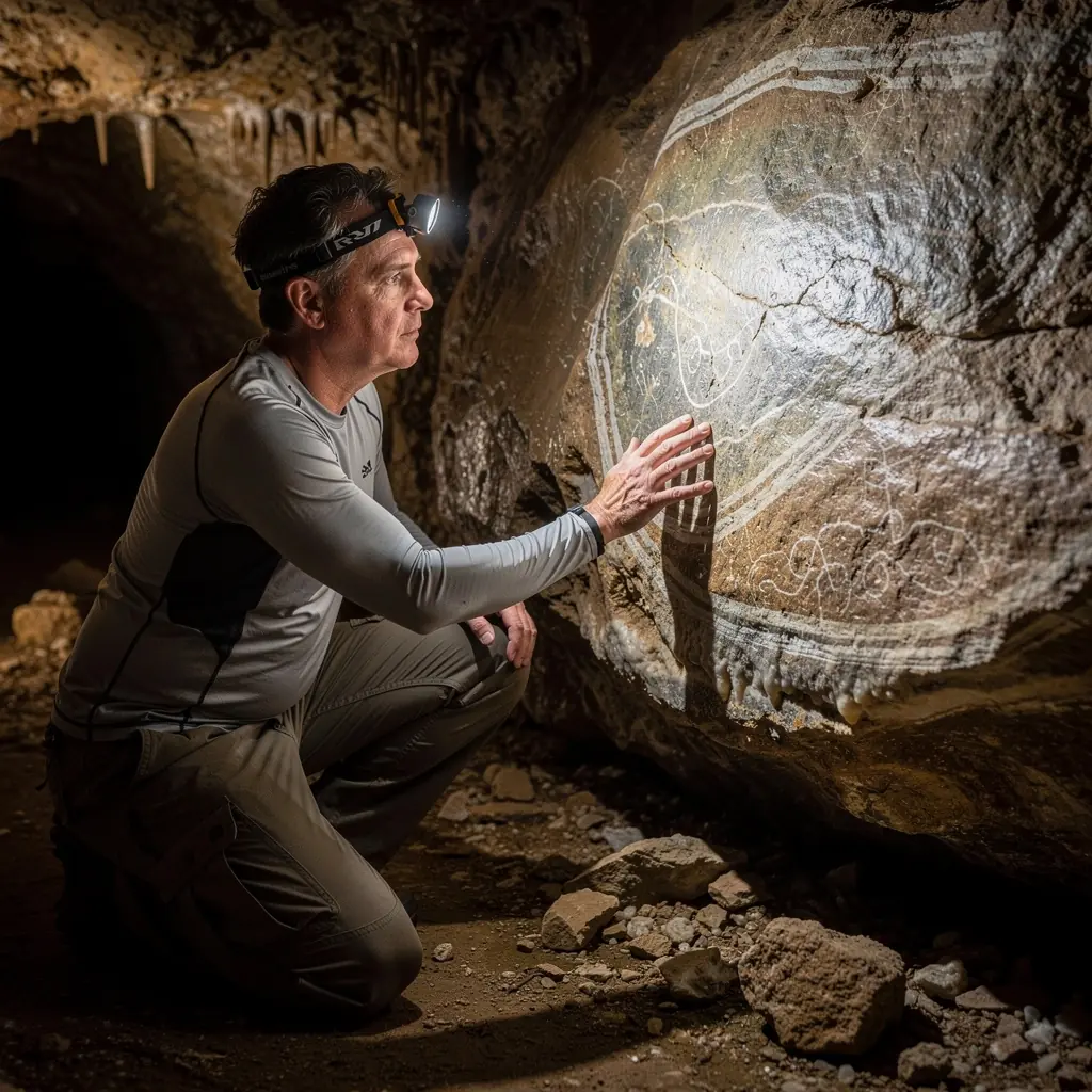 Explorers navigating a narrow passageway illuminated by soft, natural light in the cave.