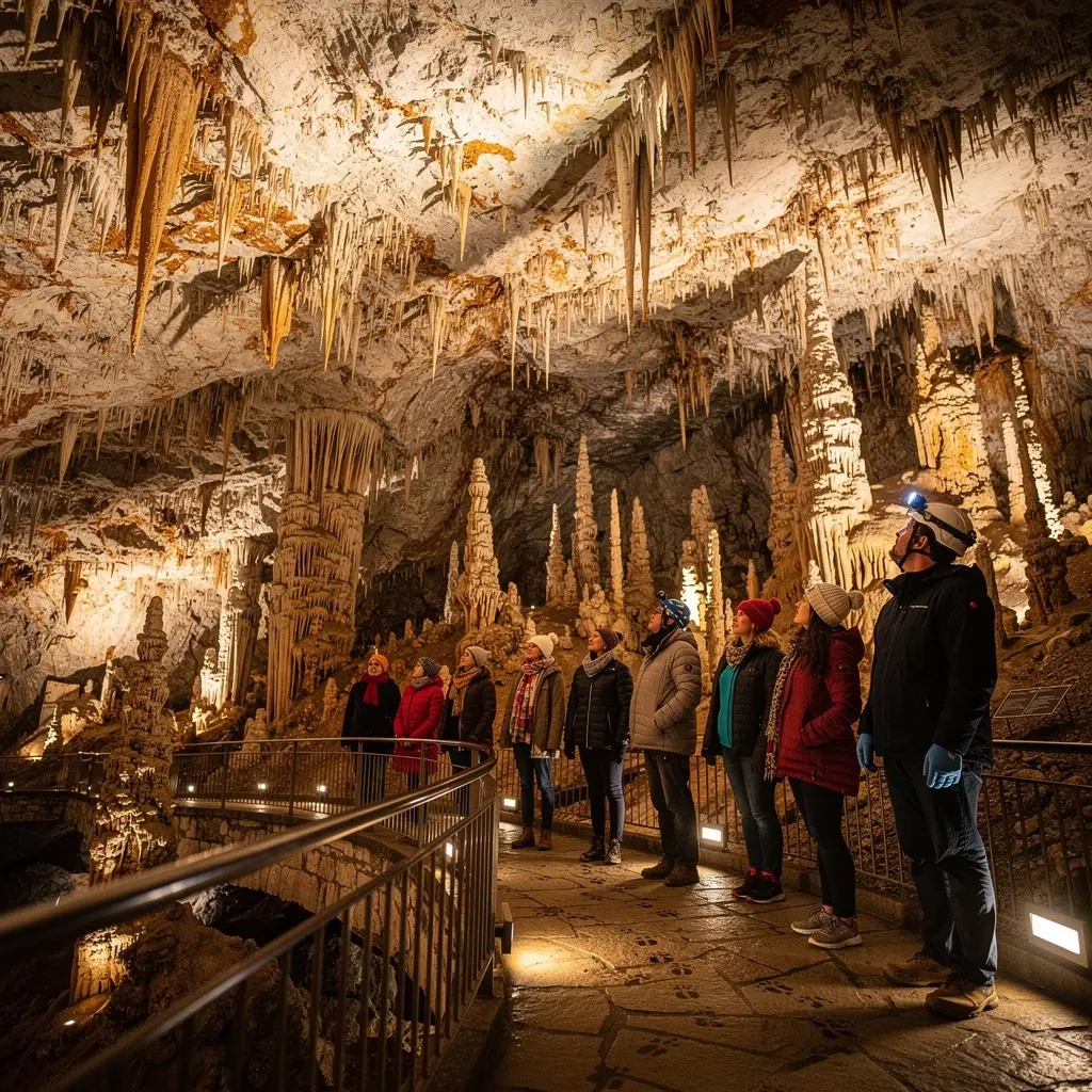 A group of adventurers equipped with helmets and flashlights, ready to embark on a speleology tour.