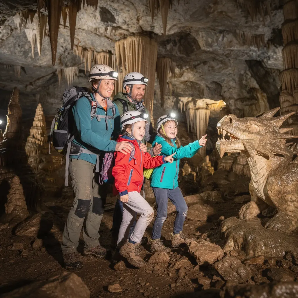 An aerial perspective showcasing the vast network of caverns and chambers within the cave system.